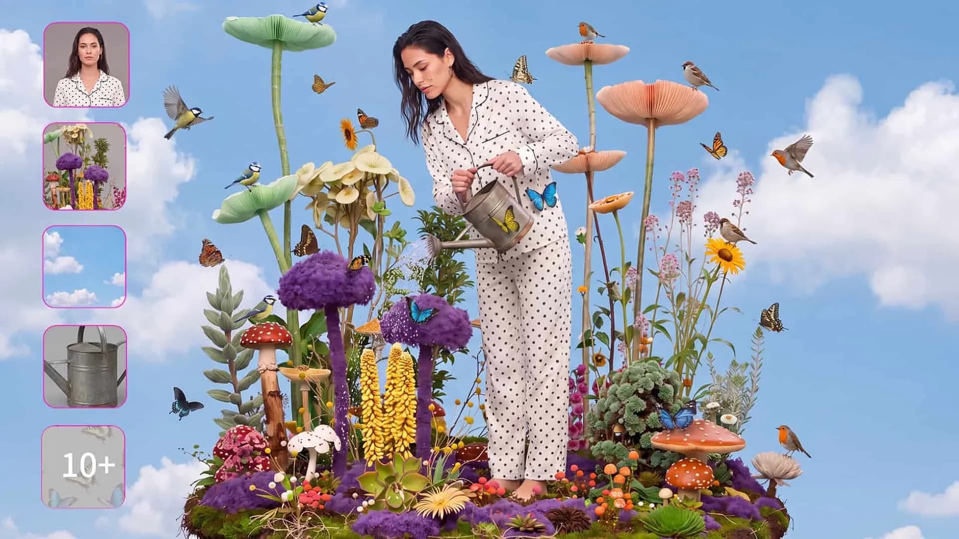 複数の視覚的参照を組み合わせてカラフルな花の肖像画の構図を作成