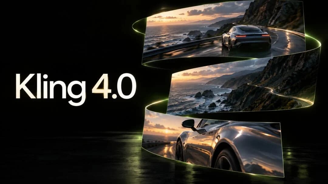 3 つの映画のフレームにわたって海岸沿いの道路を走るスポーツカーを示す Kling 4.0 のアートワーク