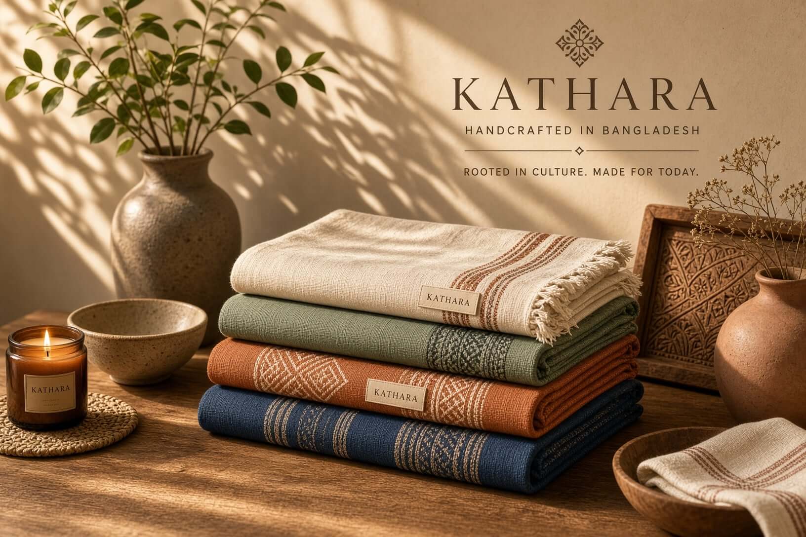 商品 photo of handwoven textiles stacked on a wooden table