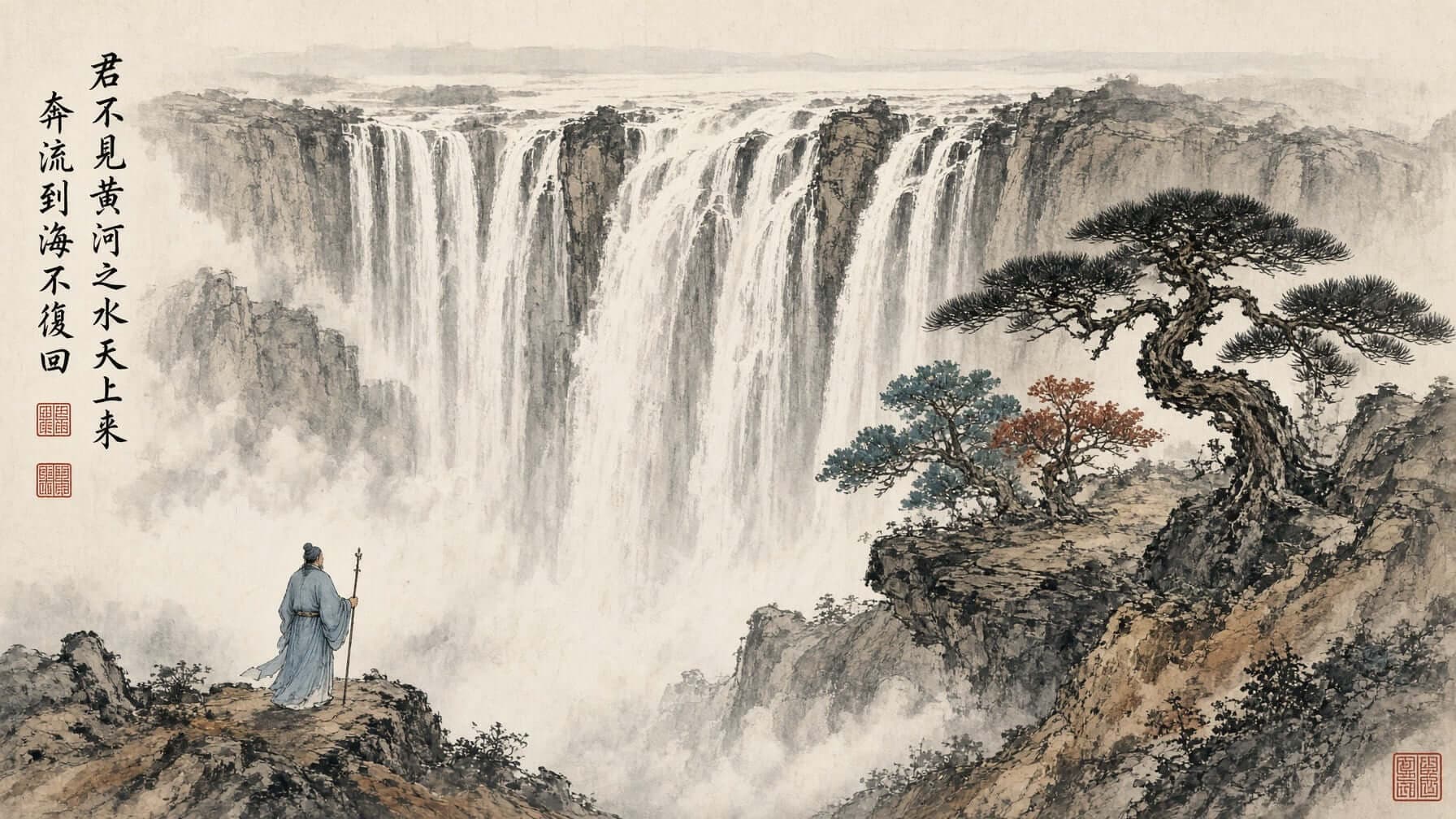 滝と長衣の人物を描いた中国古典水墨画