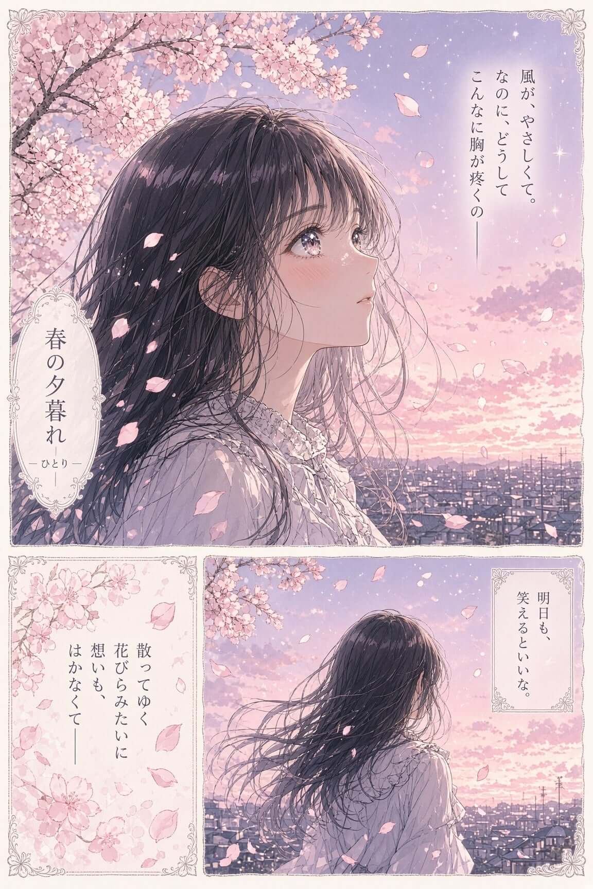 夕暮れに舞う桜の中の少女を描いた柔らかな漫画ページ