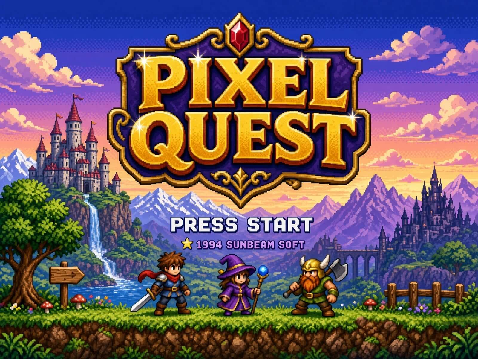 城と冒険者を描いたレトロなピクセル画のゲーム開始画面
