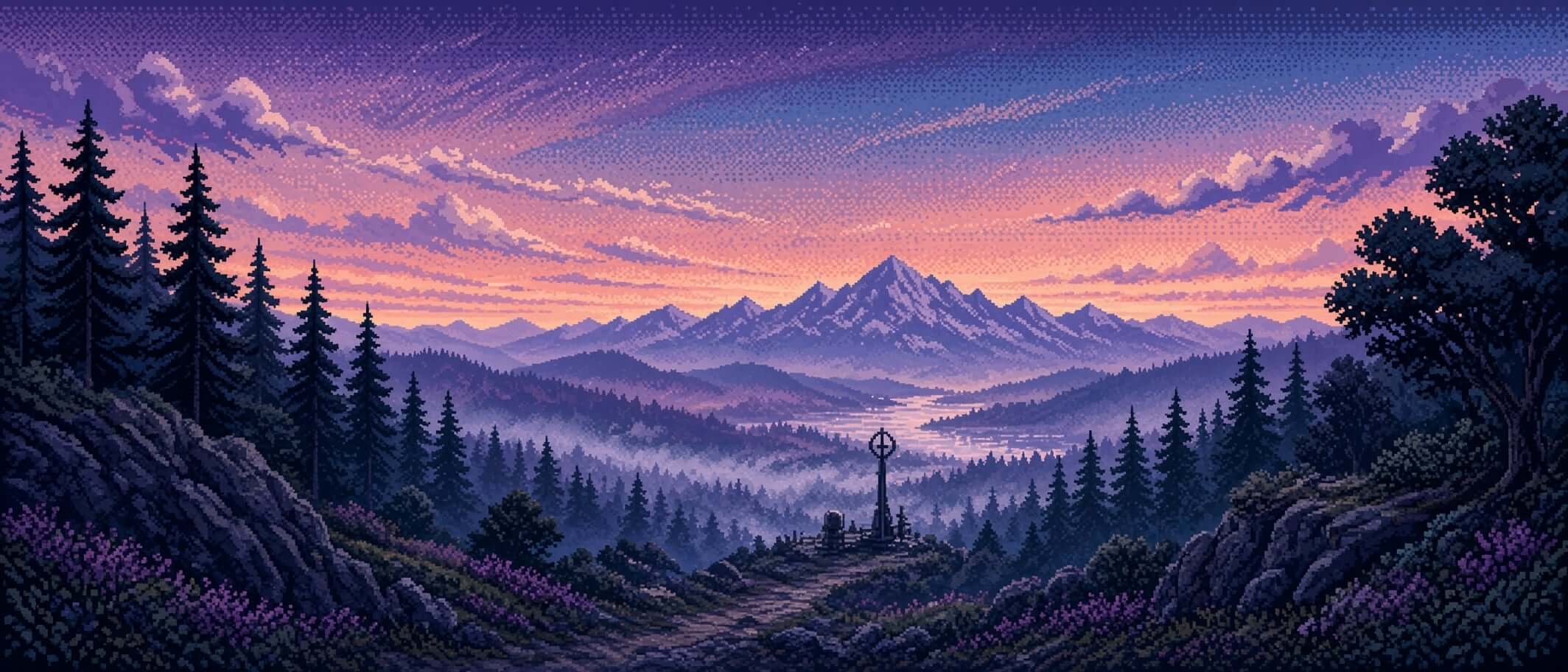 松林と遠い山を望む夕暮れの谷を描いたピクセル画