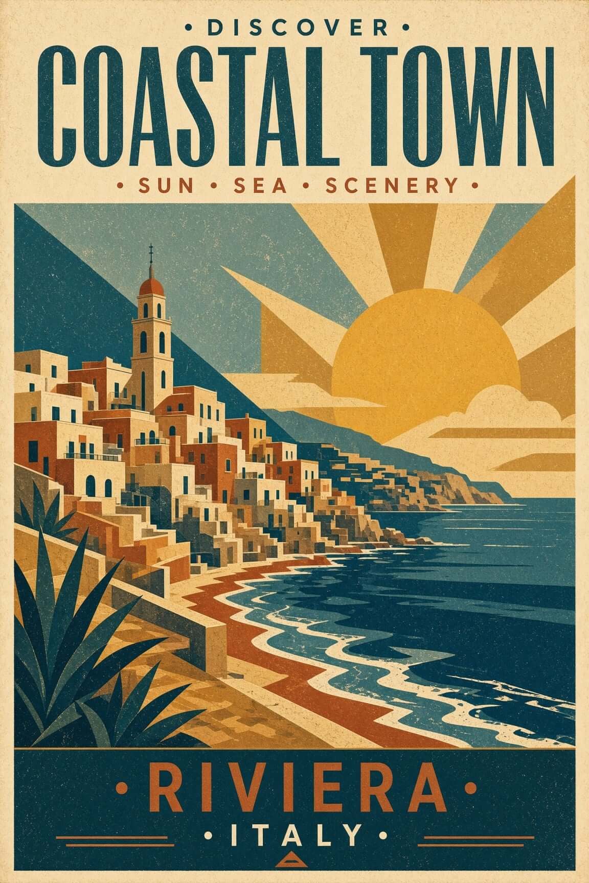 イタリア・リヴィエラの海辺の町を描いたレトロな旅行ポスター