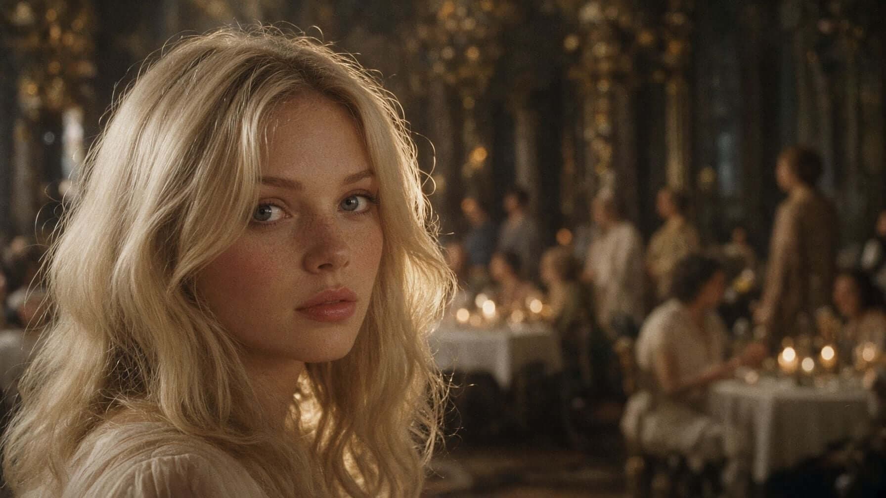 ろうそくに照らされた舞踏会場で振り返る金髪女性の映画的な接写