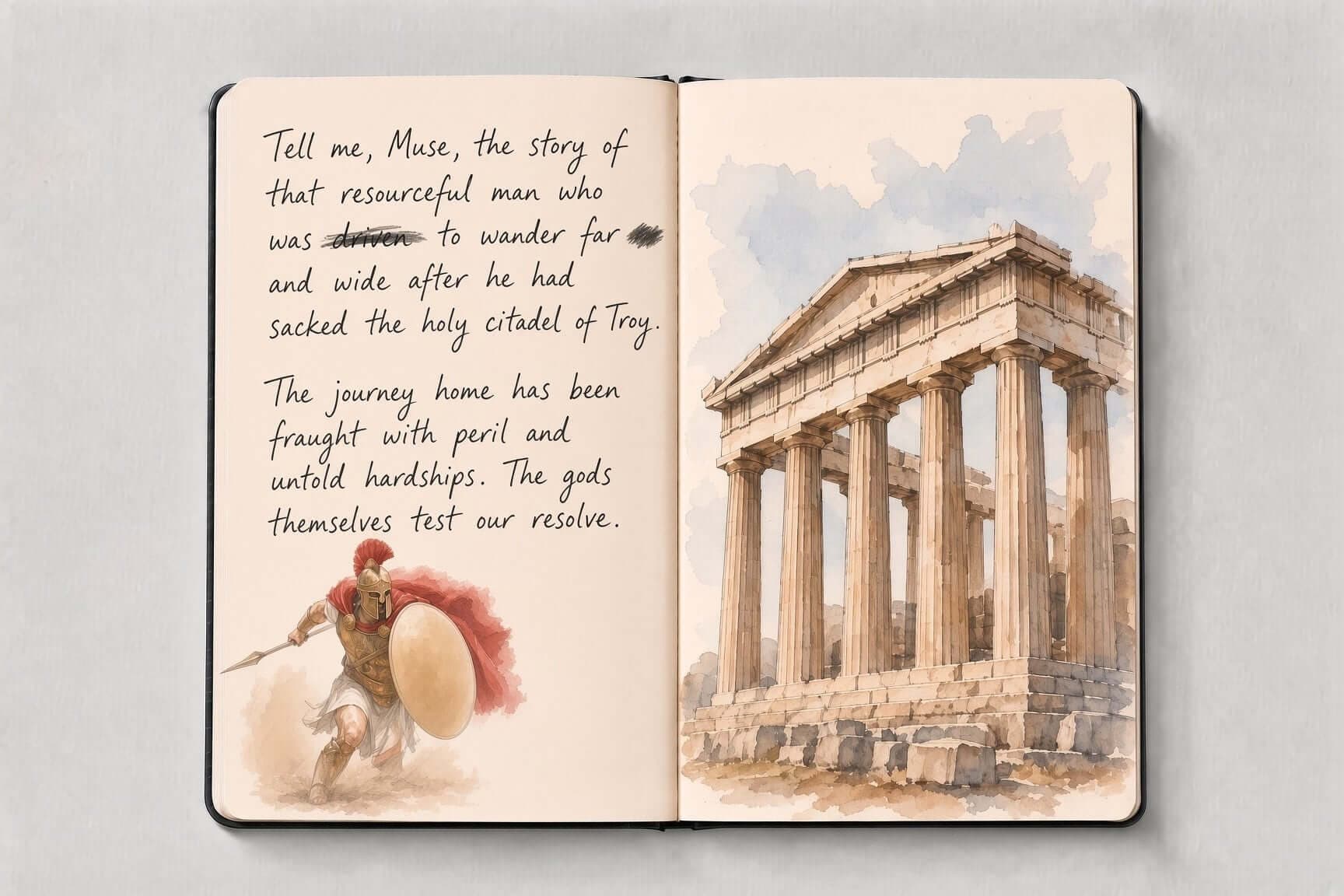 ギリシャ神殿に向かう重装歩兵の水彩画と手書き文字を載せた旅行記