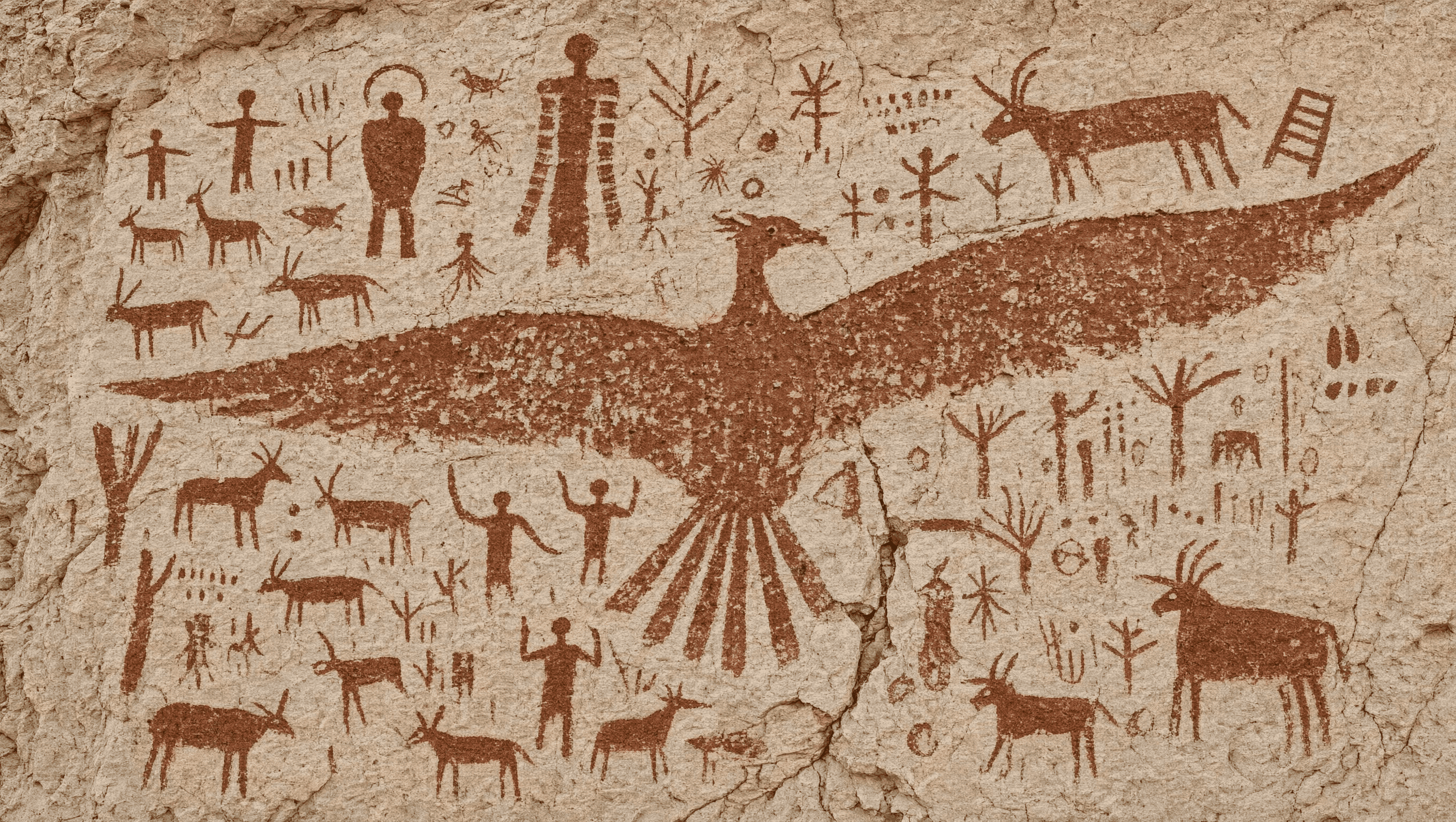 狩人、動物、大きな鳥が描かれた先史時代の洞窟壁画
