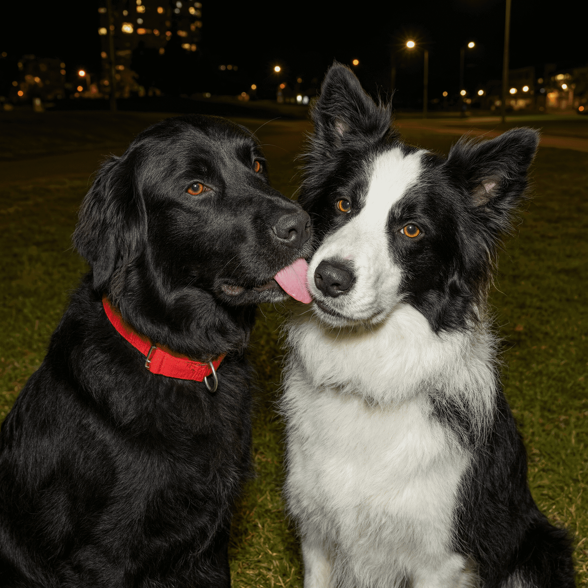 夜の屋外にいる白黒の犬2匹のポートレート