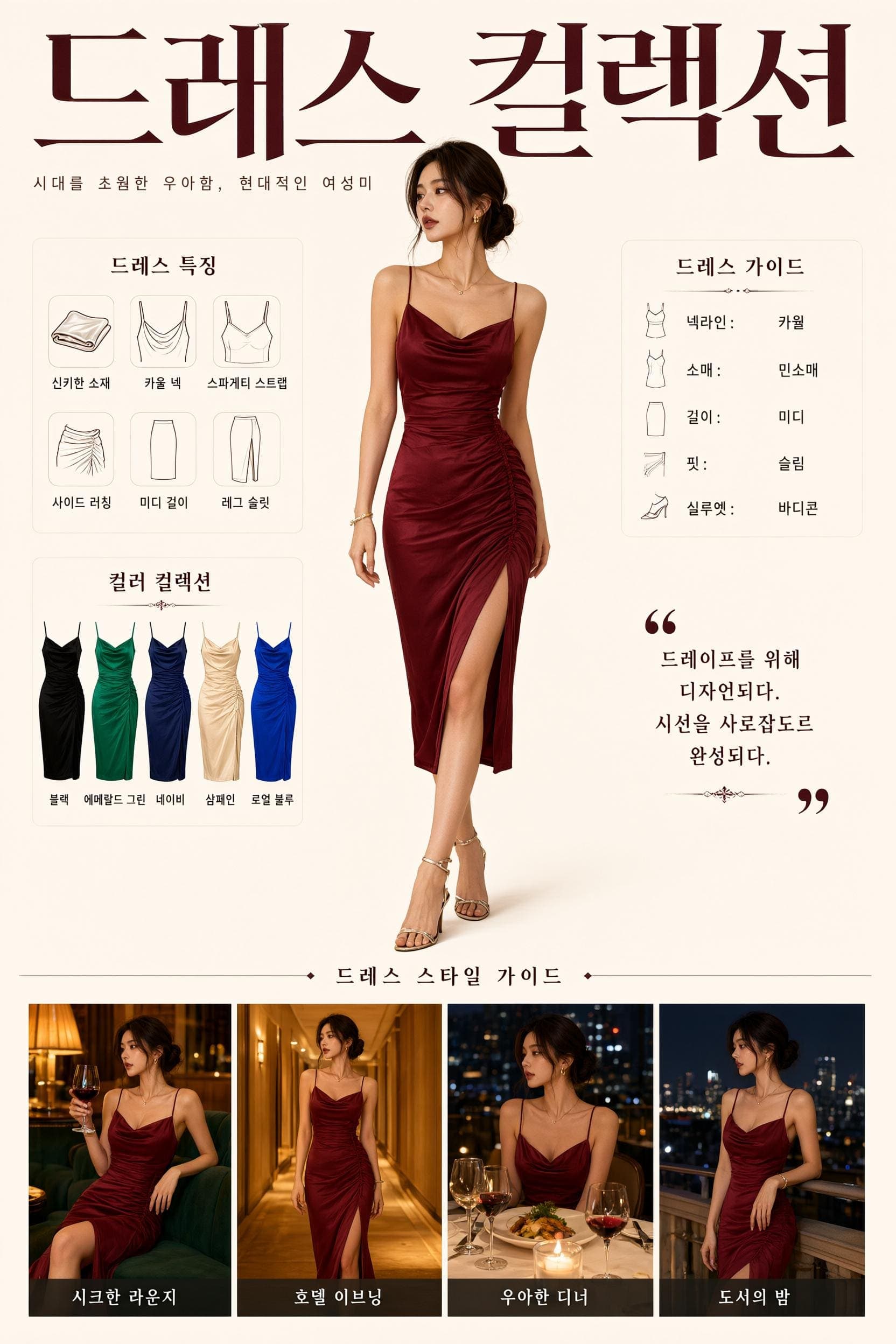 赤いドレスの女性を中心にした韓国ファッションコレクションのインフォグラフィック
